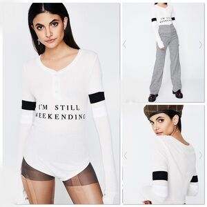 Wildfox I’m Still Weekending off white waffle knit graphic print bodysuit